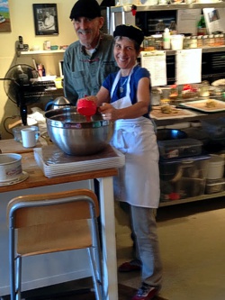 Brenda Hinton working alongside Chef and good friend Jim Maurice at his Rawsome Living Foods Café, Salt Spring Island BC